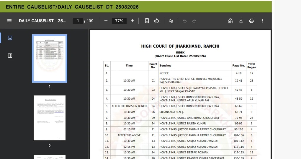 Jharkhand High Court वेबसाइट पर रोज़ की cause list PDF